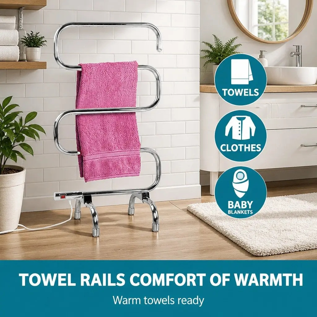 Heated Towel Rail Freestanding 5 Bars Quick Heat-Up Polished Stainless Steel Silver