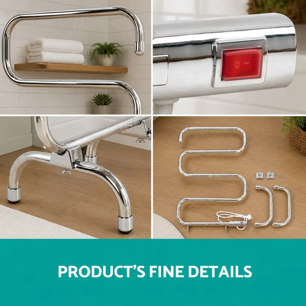 Heated Towel Rail Freestanding 5 Bars Quick Heat-Up Polished Stainless Steel Silver