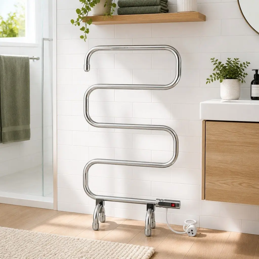 Heated Towel Rail Freestanding 5 Bars Quick Heat-Up Polished Stainless Steel Silver