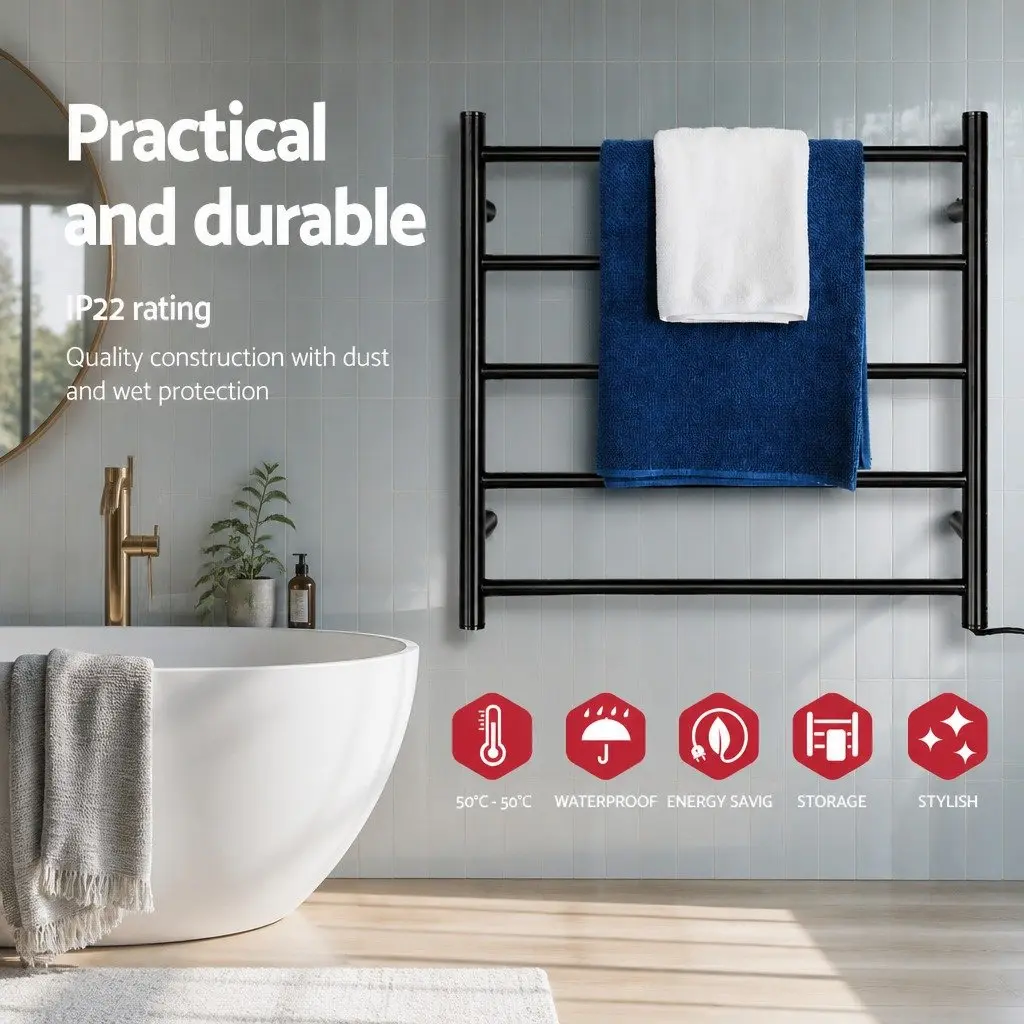 Electric Heated Towel Rail Rack 5 Bars Wall Mounted Bathroom Clothes Dryer