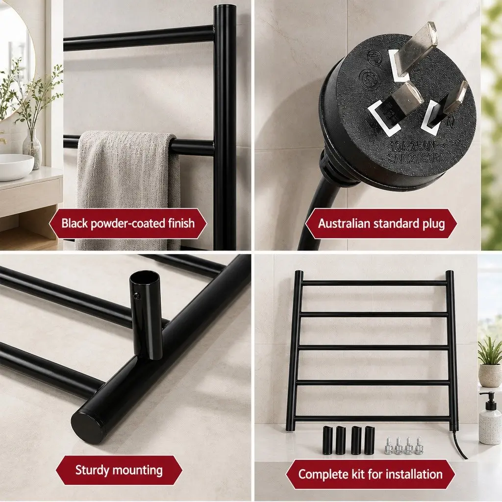 Electric Heated Towel Rail Rack 5 Bars Wall Mounted Bathroom Clothes Dryer