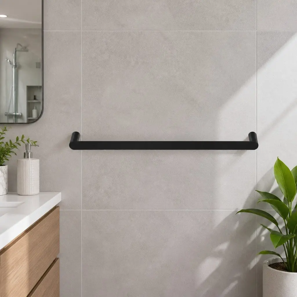 Towel Rail Rack Single 600mm Wall Mounted Black Bathroom Holder Stainless Steel