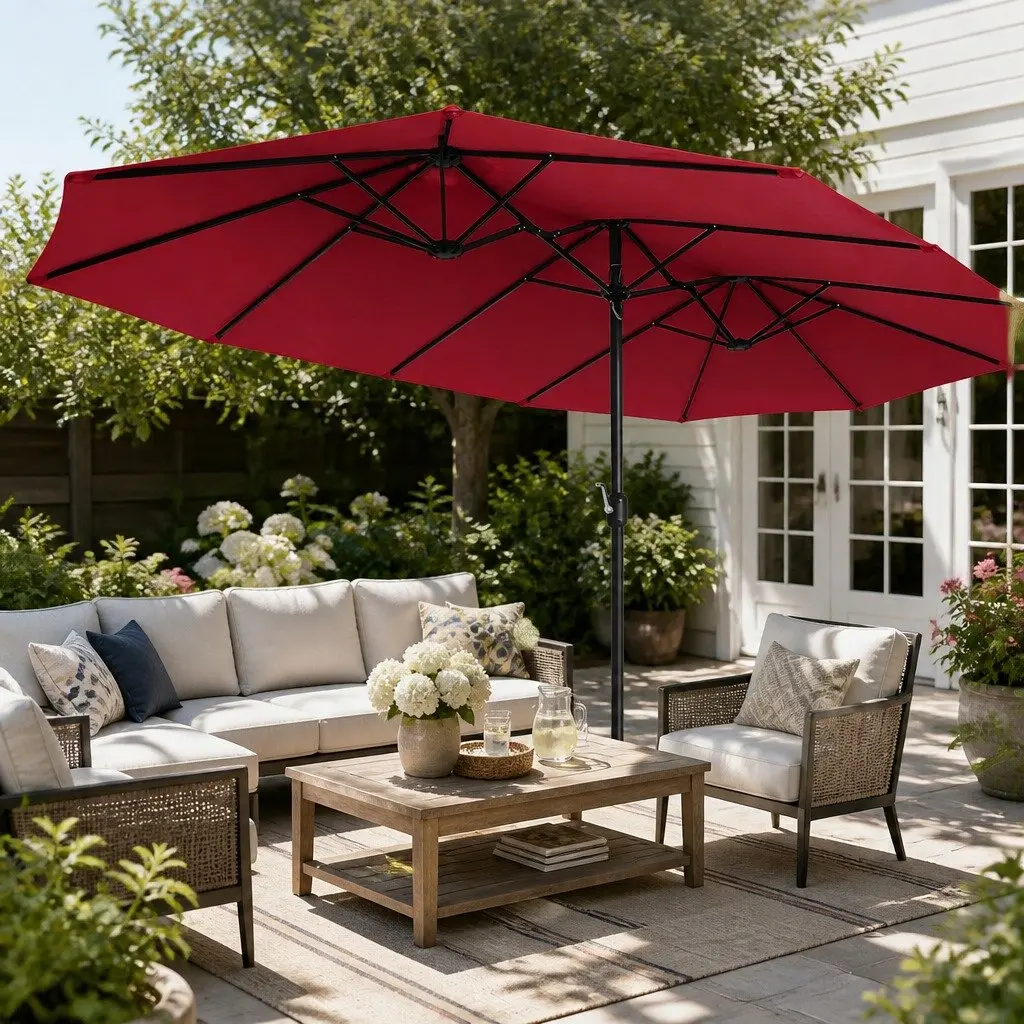 Large Patio Umbrella Double-Sided 380cm Outdoor Garden Parasol with Crank