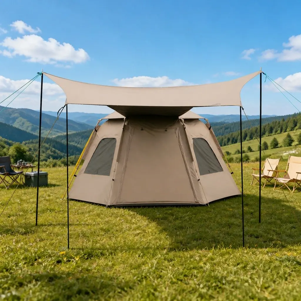 Instant Pop Up Camping Tent 3-4 Person Quick Setup Outdoor Shelter Beige