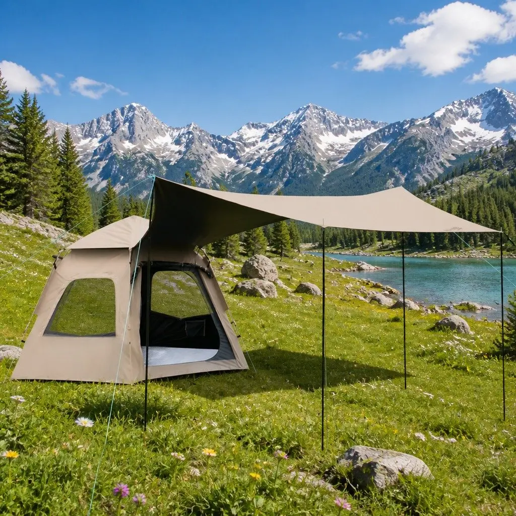 Instant Pop Up Camping Tent 3-4 Person Quick Setup Outdoor Shelter Beige
