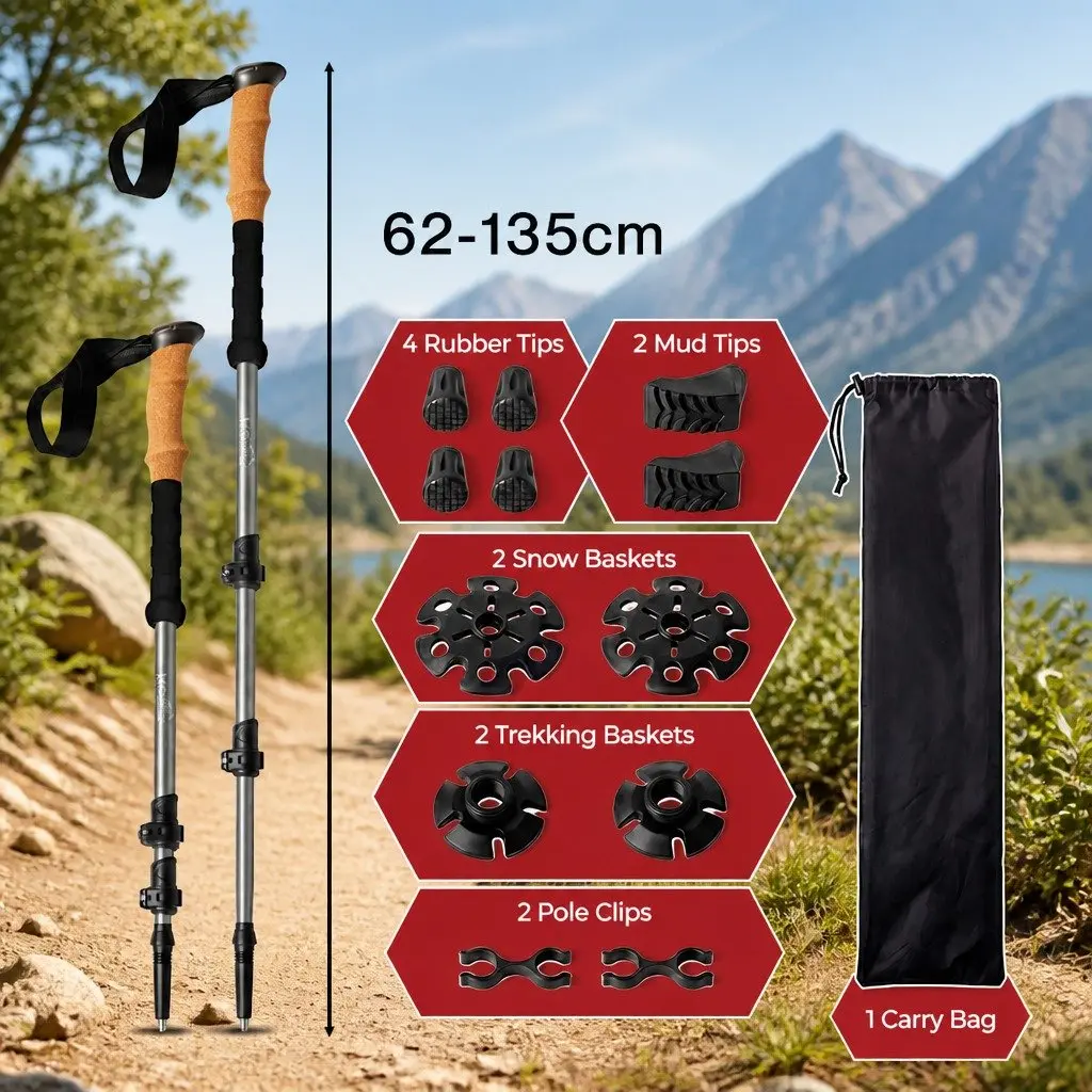 Trekking Poles Adjustable Lightweight Collapsible 62-135cm 2 Piece