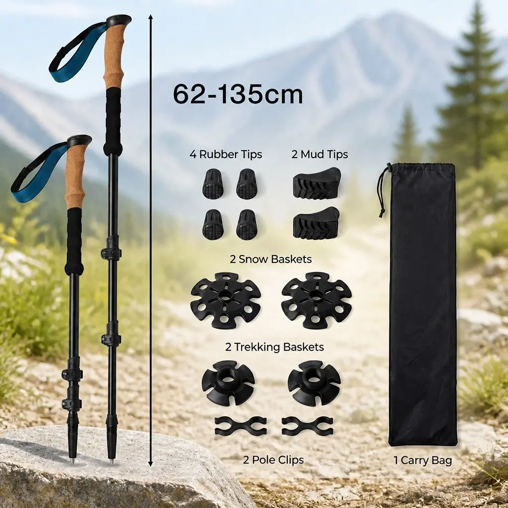 Trekking Poles Adjustable Lightweight Carbon Fiber 62-135cm for Hiking Outdoor