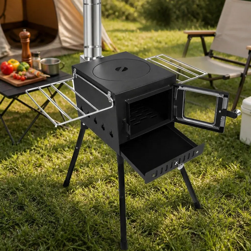 Portable Camping Oven Charcoal Wood Burning Grill with Foldable Legs Black 55cm W x 42cm D x 54cm H