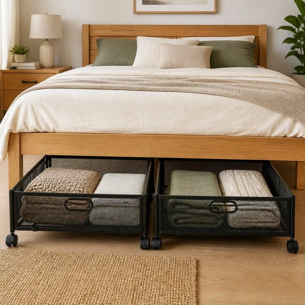 Under Bed Storage Containers Set of 2 Metal Boxes Organiser with Wheels