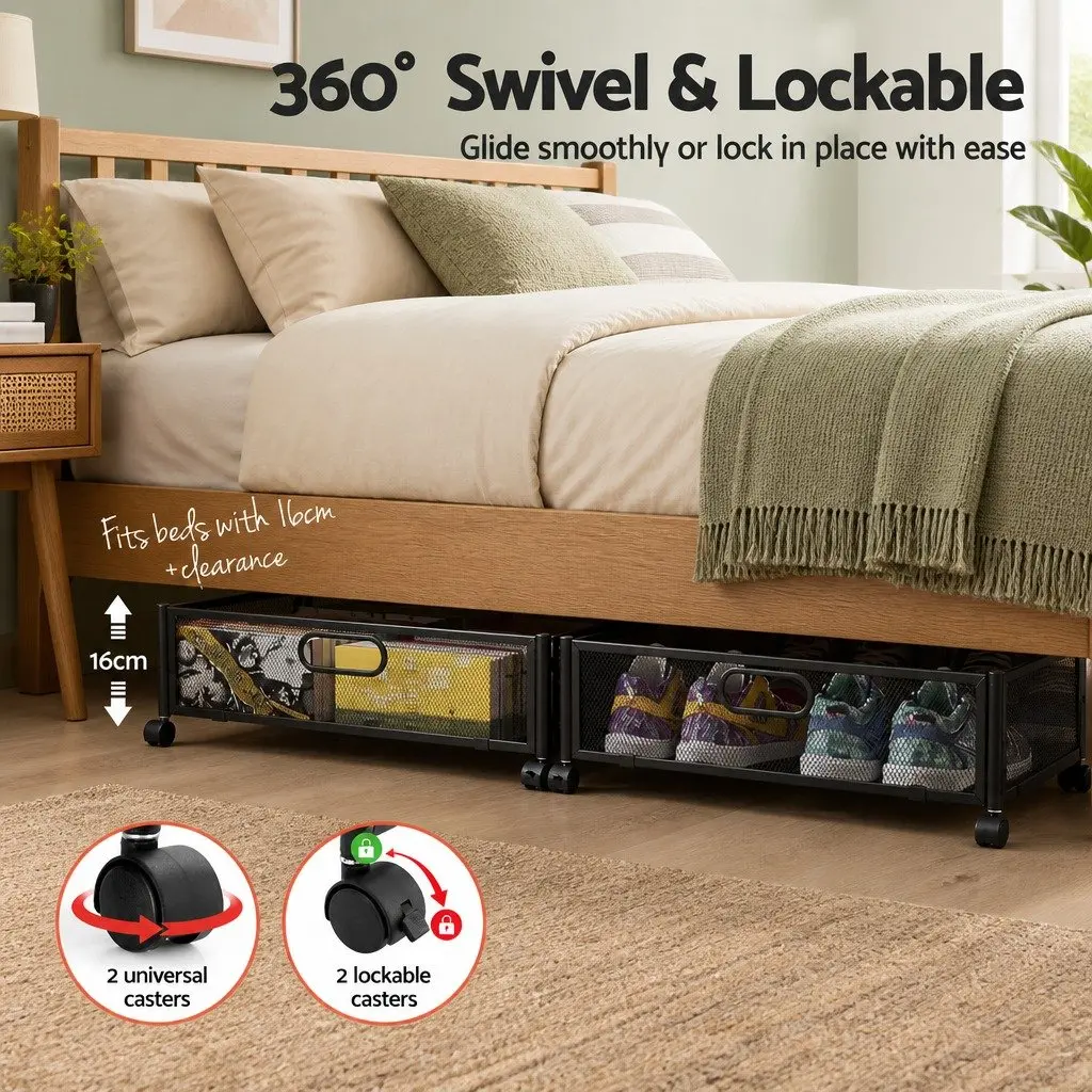 Under Bed Storage Containers Set of 2 Metal Boxes Organiser with Wheels