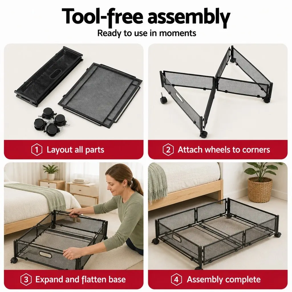 Under Bed Storage Containers Set of 2 Metal Boxes Organiser with Wheels