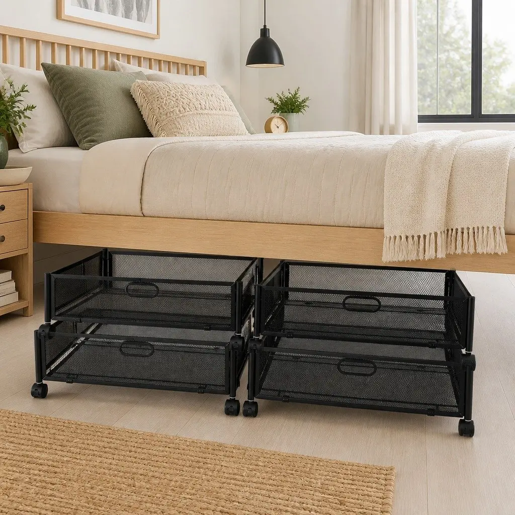 Under Bed Storage Containers Set of 4 Metal Frame with Wheels 60cm x 40cm x 16cm