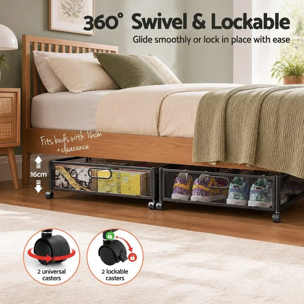 Under Bed Storage Containers Set of 4 Metal Frame with Wheels 60cm x 40cm x 16cm