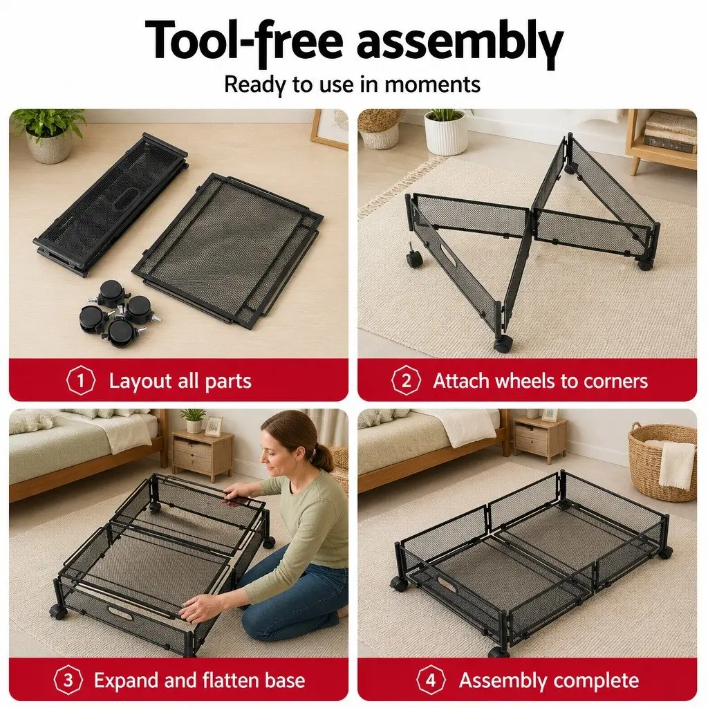 Under Bed Storage Containers Set of 4 Metal Frame with Wheels 60cm x 40cm x 16cm