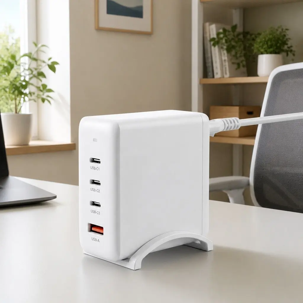 100W USB C Fast Charging Station 4 Port Desktop Power Adapter GaN White