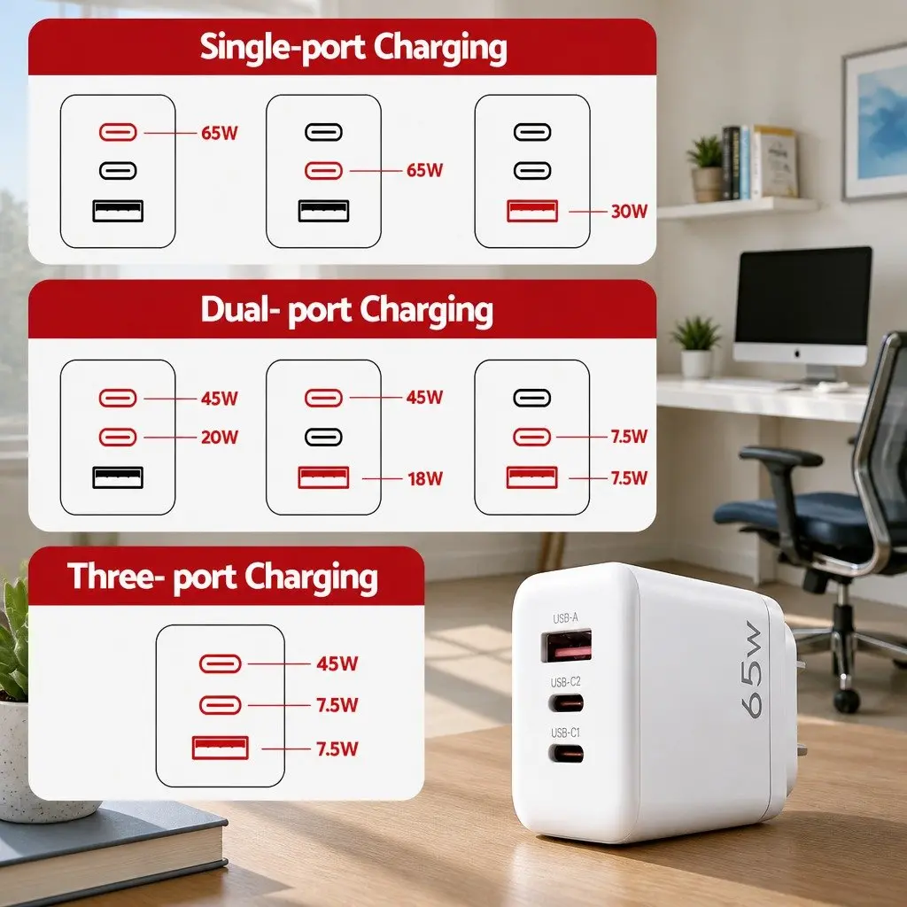 65W USB C Charger with 3 Ports