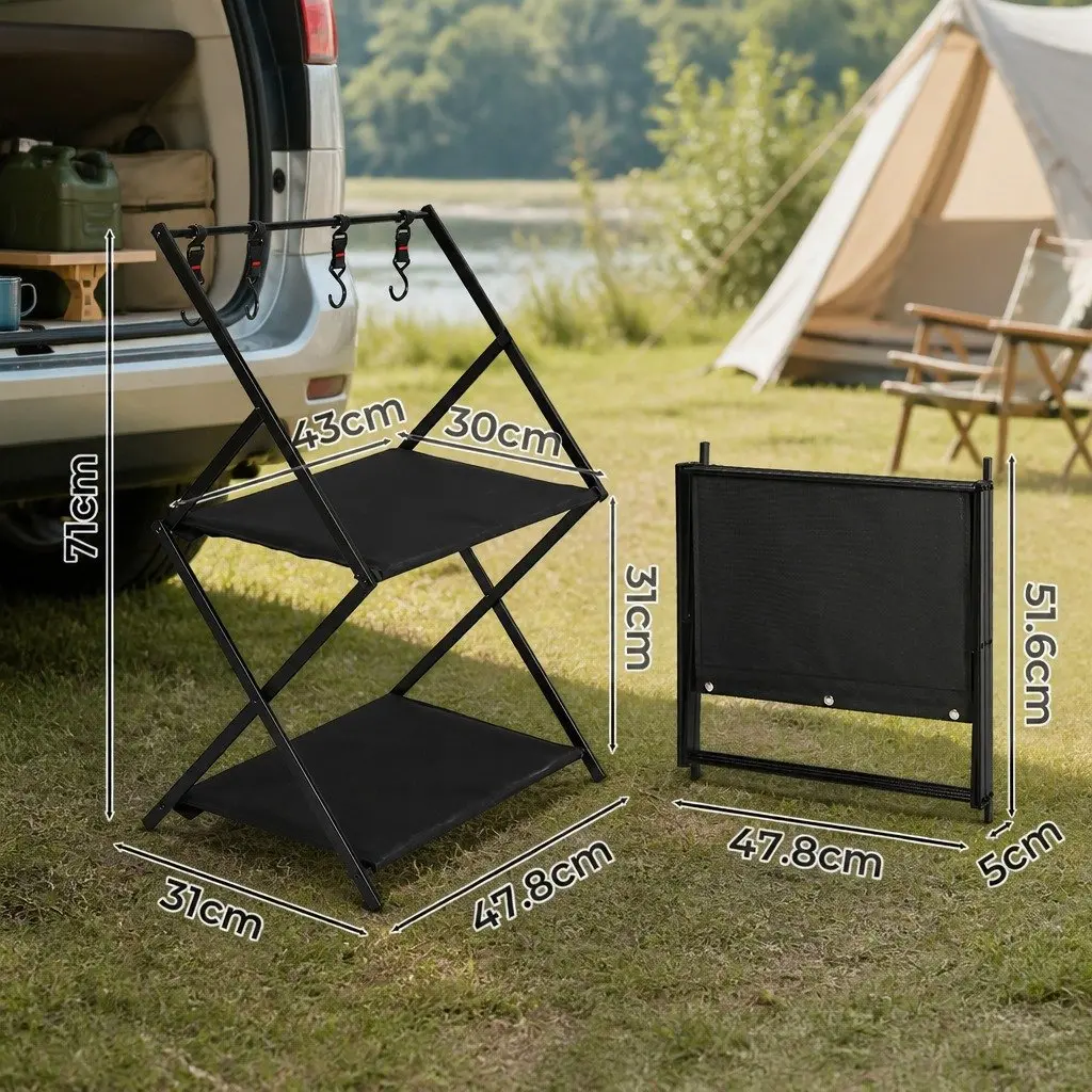 Foldable Camping Storage Shelves 2 Layer Portable Outdoor Kitchen with Hooks