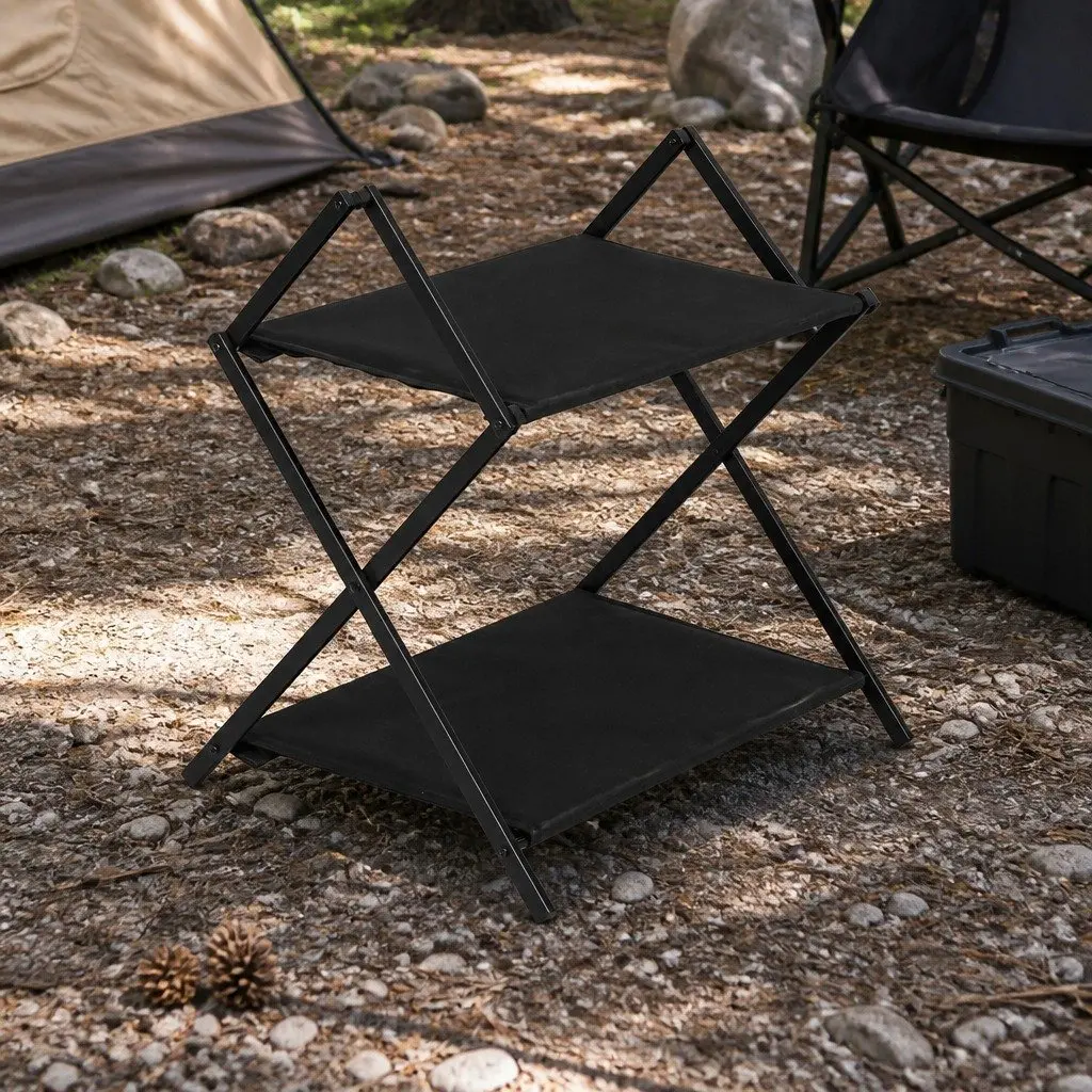 Foldable Camping Storage Shelves 2 Layer Portable Outdoor Kitchen with Hooks