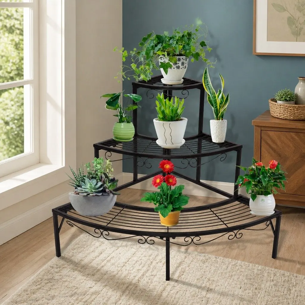 3-Tier Plant Stand Metal Flower Pot Rack Indoor Outdoor Storage Garden
