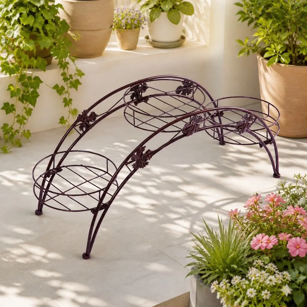 2x Plant Stand Outdoor Indoor Bronze Metal Garden 3-Pot Arch Tiered Flower Rack