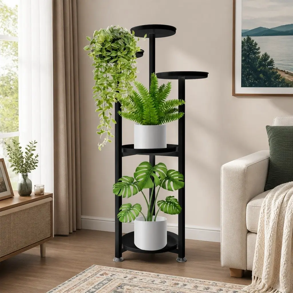 5 Tier Plant Stand Metal Frame Indoor Outdoor Flower Pot Display Shelf Black