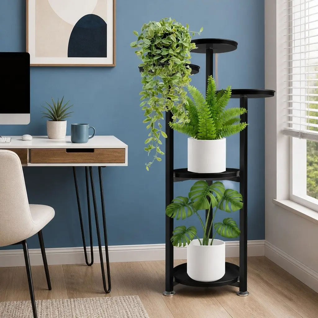 5 Tier Plant Stand Metal Frame Indoor Outdoor Flower Pot Display Shelf Black