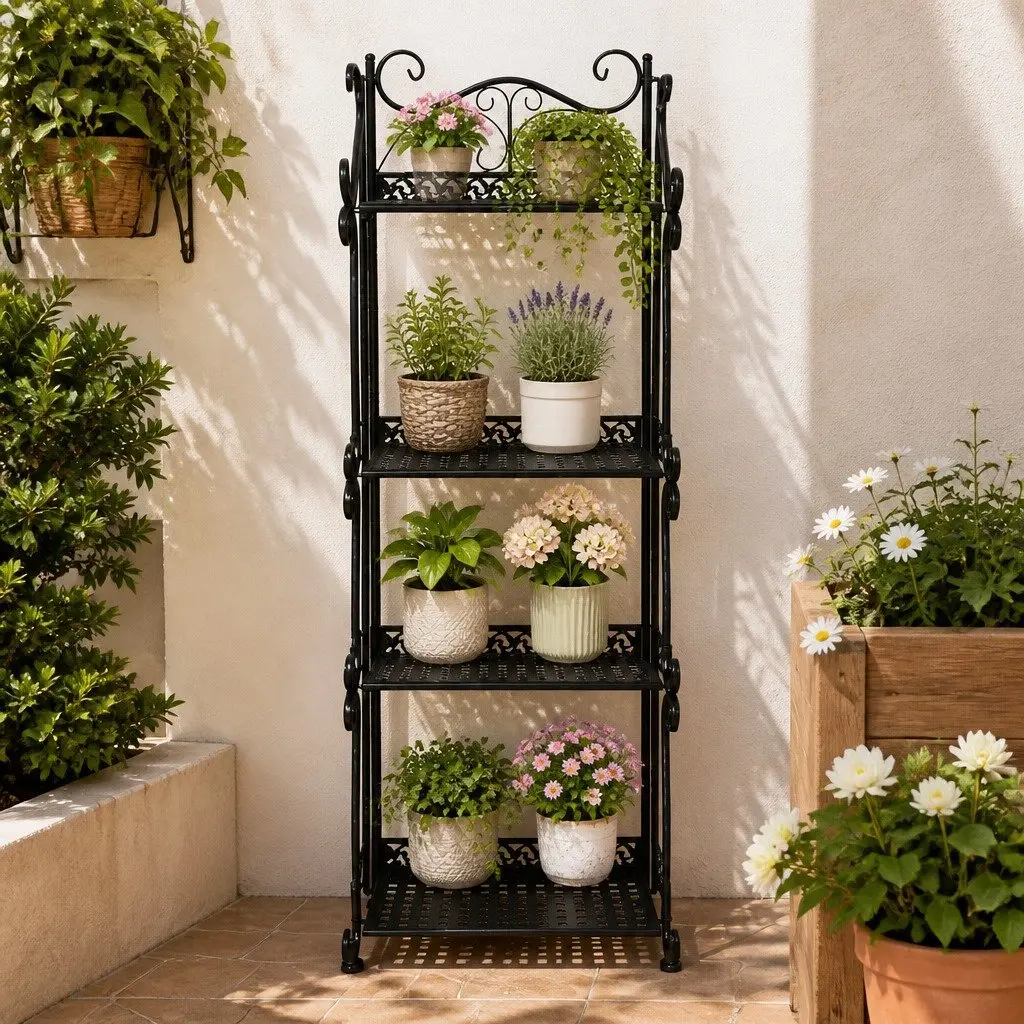 4 Tier Plant Stand Durable Steel Frame Powder Coated Black 33cm W x 20cm D x 87cm H Indoor Outdoor Garden Balcony Display Rack