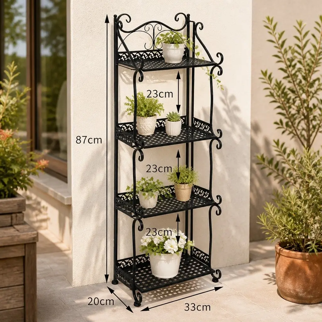 4 Tier Plant Stand Durable Steel Frame Powder Coated Black 33cm W x 20cm D x 87cm H Indoor Outdoor Garden Balcony Display Rack
