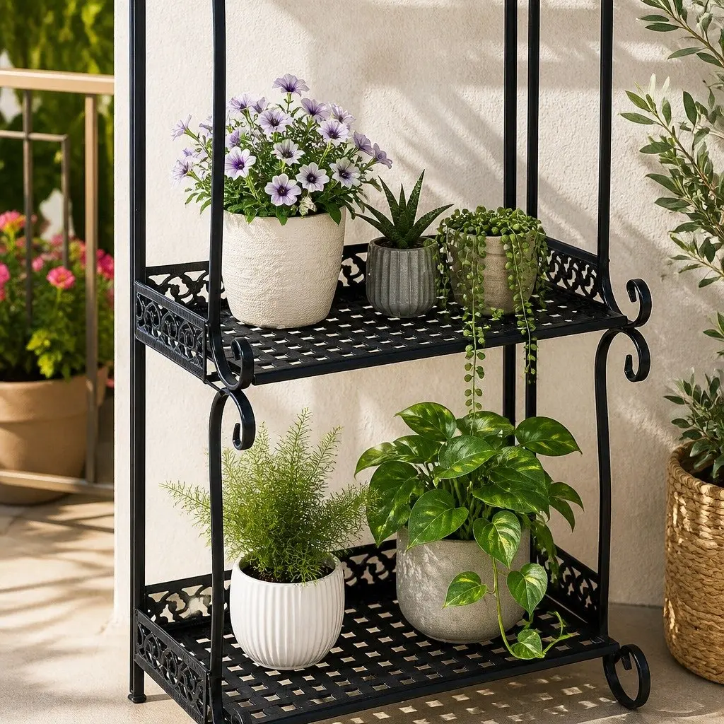 4 Tier Plant Stand Durable Steel Frame Powder Coated Black 33cm W x 20cm D x 87cm H Indoor Outdoor Garden Balcony Display Rack
