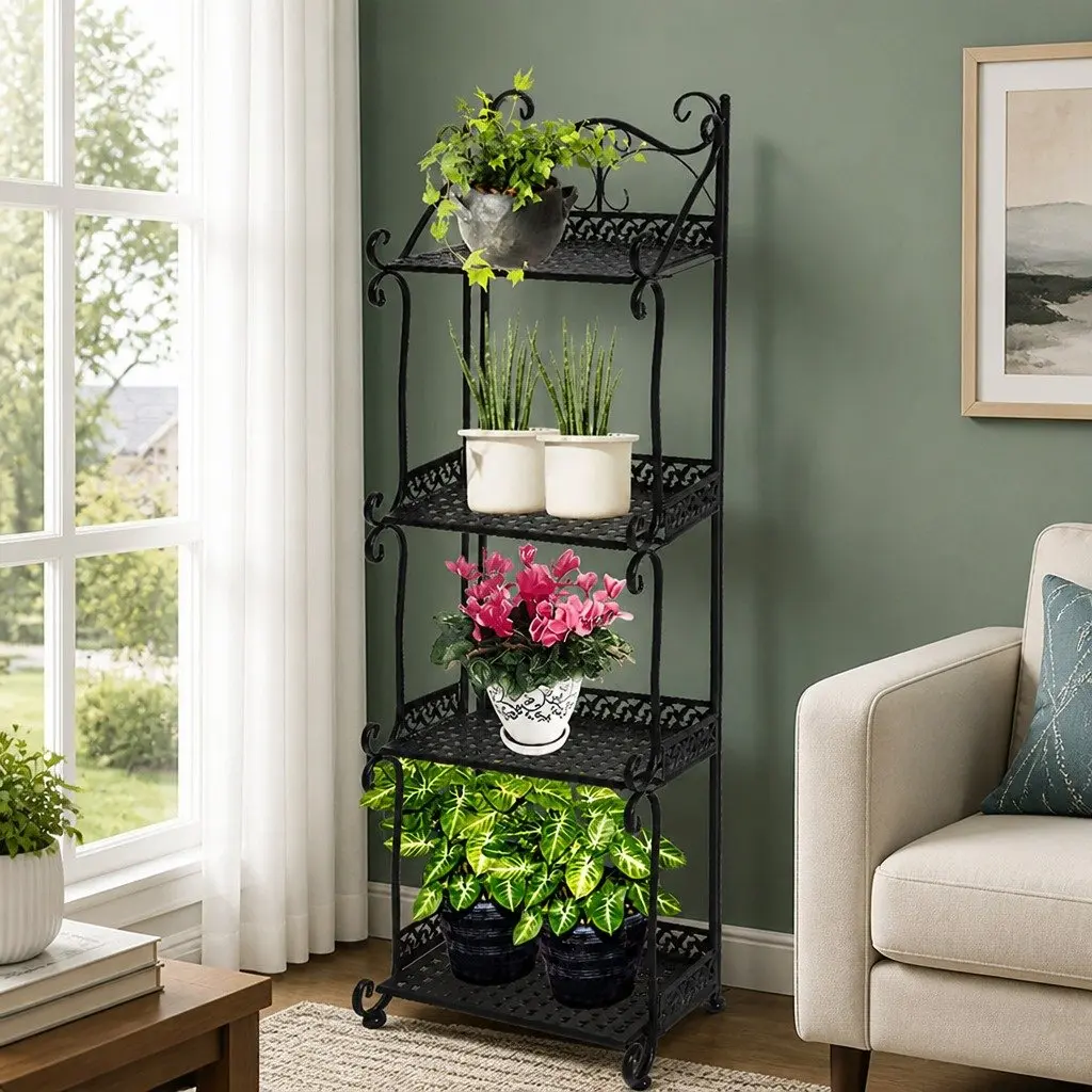 4 Tier Plant Stand Durable Steel Frame Powder Coated Black 33cm W x 20cm D x 87cm H Indoor Outdoor Garden Balcony Display Rack
