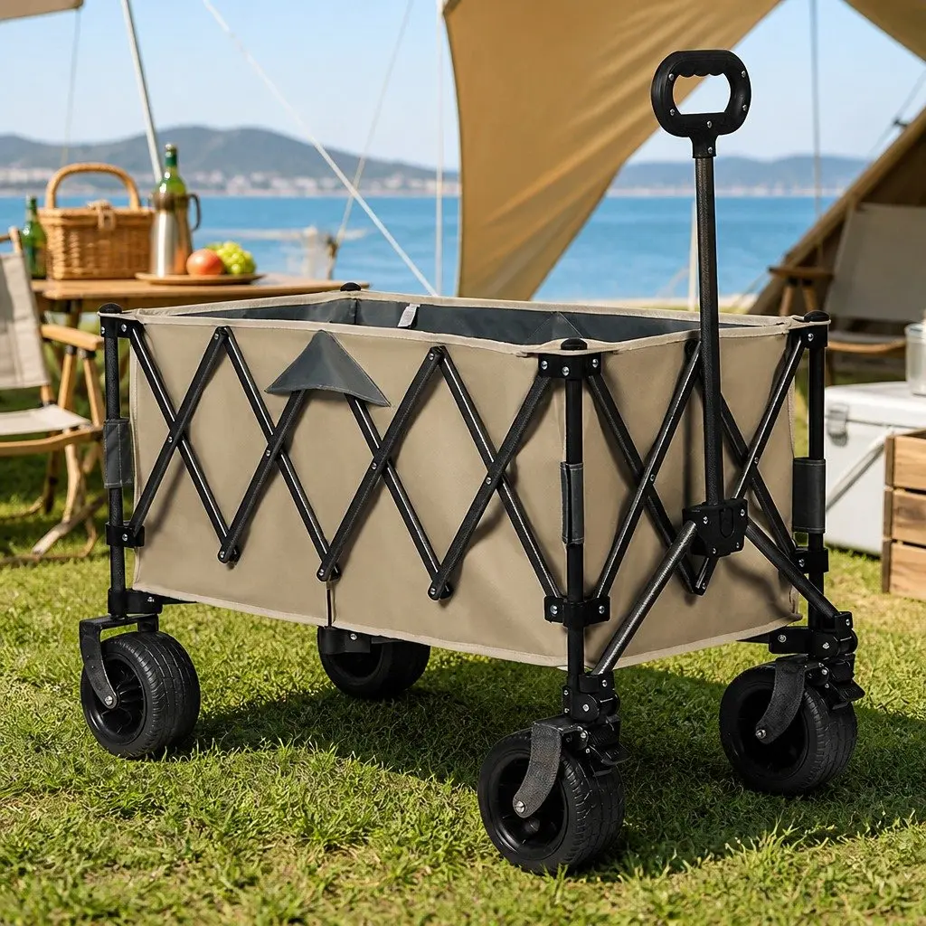 Folding Wagon Cart 3-Tier Trolley All-Terrain Wheels Outdoor Camping Beach Khaki