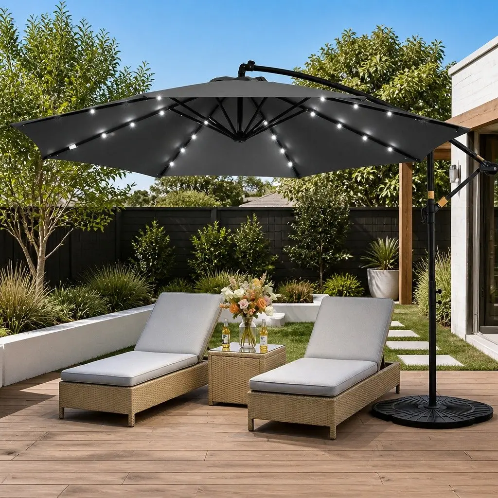 Outdoor Cantilever Umbrella Solar LED 3M Charcoal Canopy