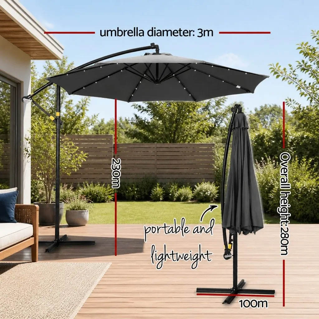Outdoor Cantilever Umbrella Solar LED 3M Charcoal Canopy