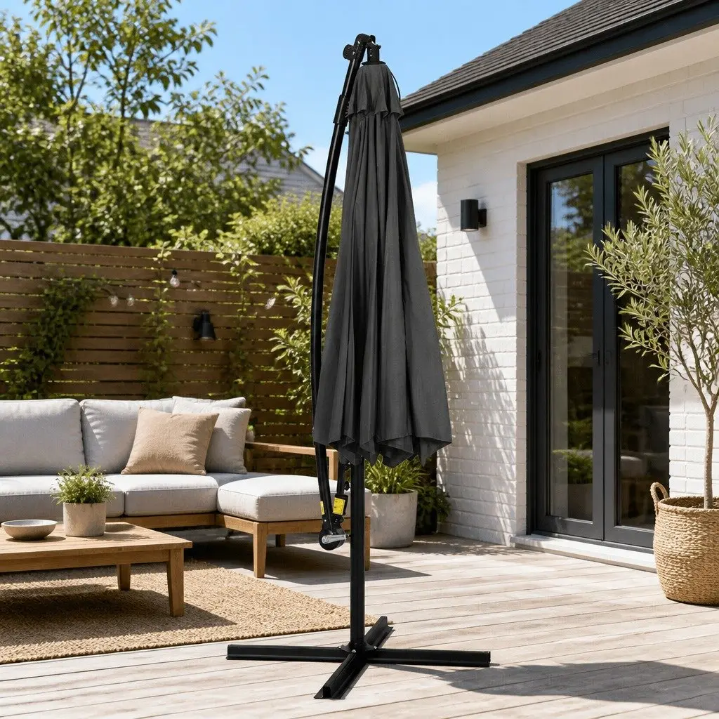 Outdoor Cantilever Umbrella Solar LED 3M Charcoal Canopy