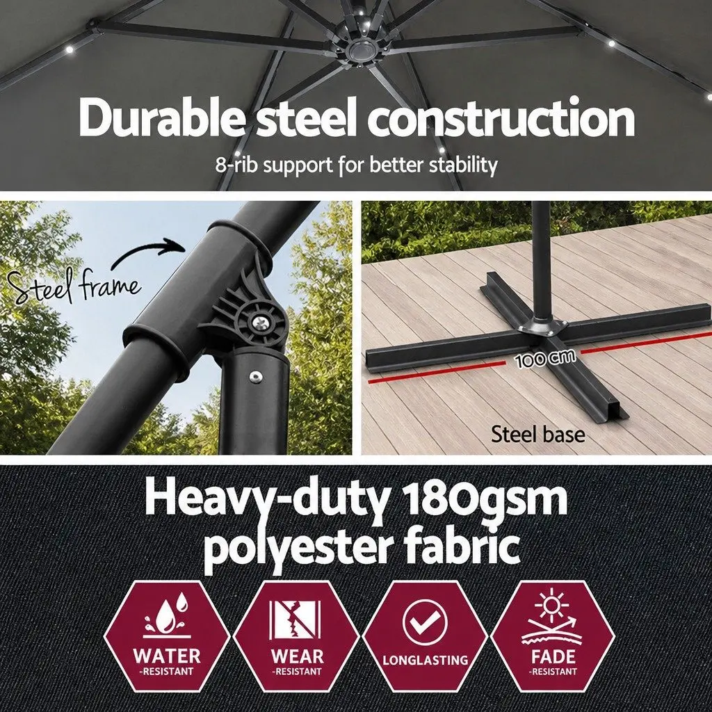 Outdoor Cantilever Umbrella Solar LED 3M Charcoal Canopy