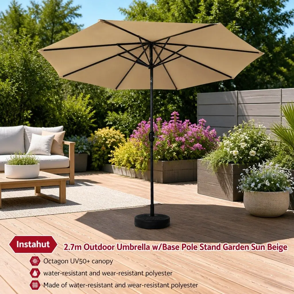 Outdoor Umbrella Octagonal Canopy 2.7m Centre Post Garden Patio Sun Shade Beige