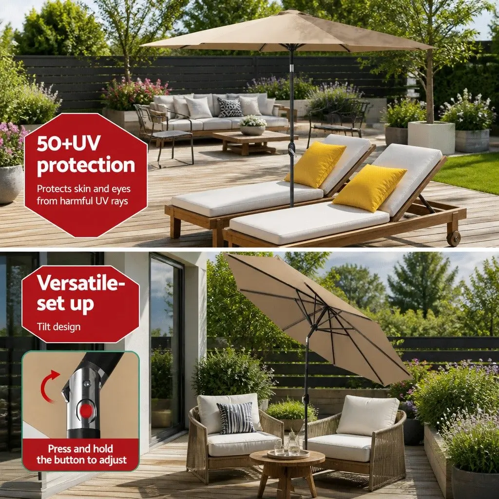 Outdoor Umbrella Octagonal Canopy 2.7m Centre Post Garden Patio Sun Shade Beige