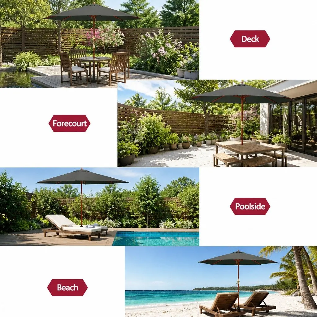 3m Outdoor Umbrella Octagon Canopy UV50+ Protection Wooden Frame Beach Garden Patio Sun Shade