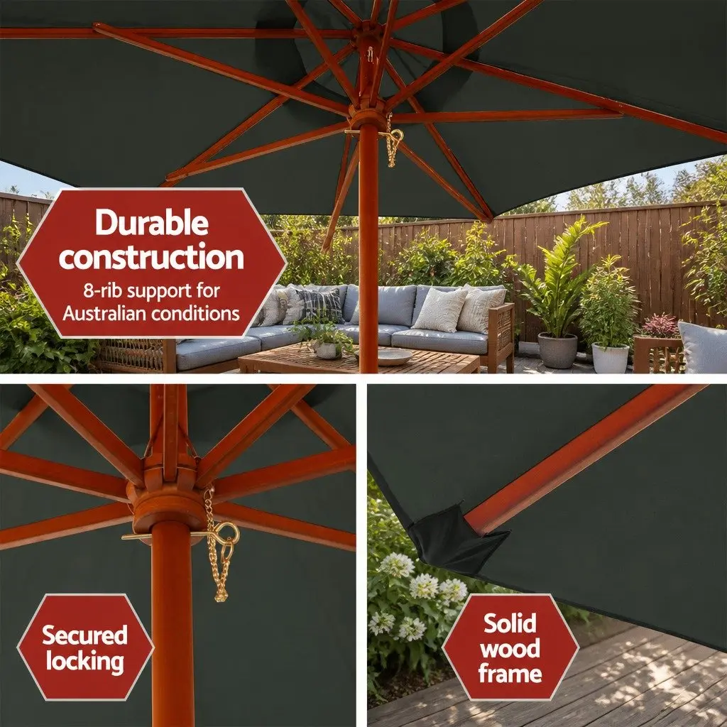 3m Outdoor Umbrella Octagon Canopy UV50+ Protection Wooden Frame Beach Garden Patio Sun Shade
