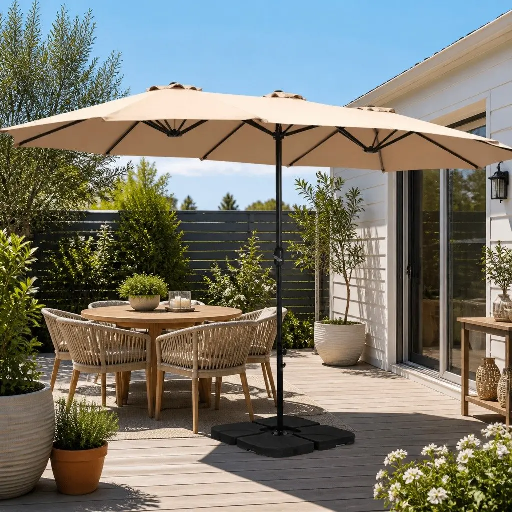 Outdoor Umbrella Centre Post 4.57m Beige Dodecagon Canopy with UV50+ Protection and Tilt Function