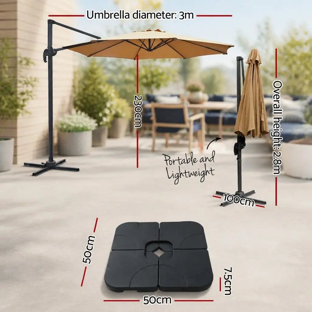 Outdoor Umbrella 3m Octagonal Side Post Beige Canopy with 360 Degree Rotation