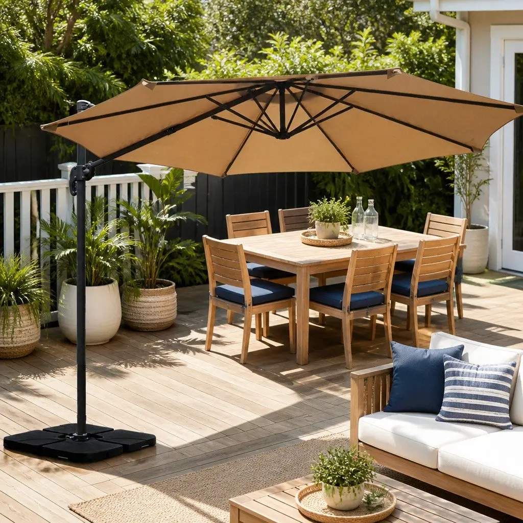 Outdoor Umbrella 3m Octagonal Side Post Beige Canopy with 360 Degree Rotation