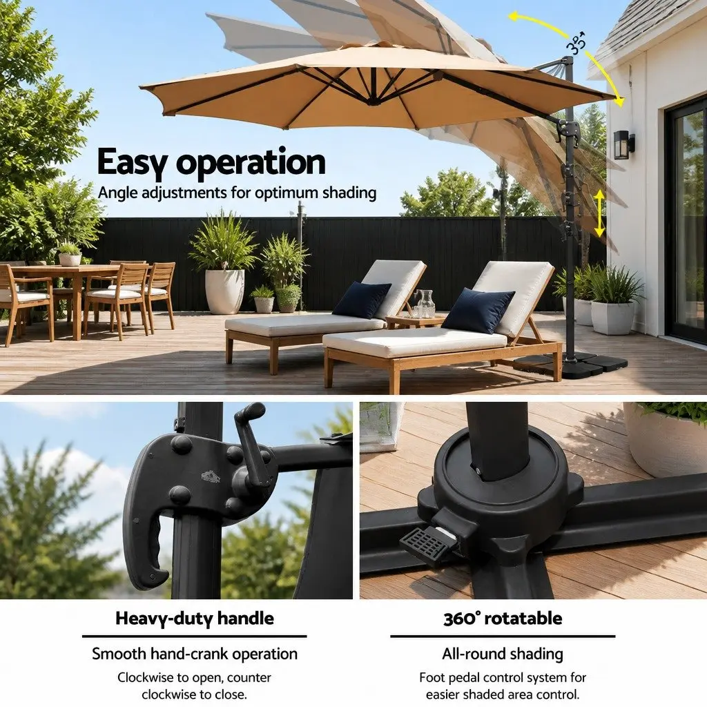 Outdoor Umbrella 3m Octagonal Side Post Beige Canopy with 360 Degree Rotation