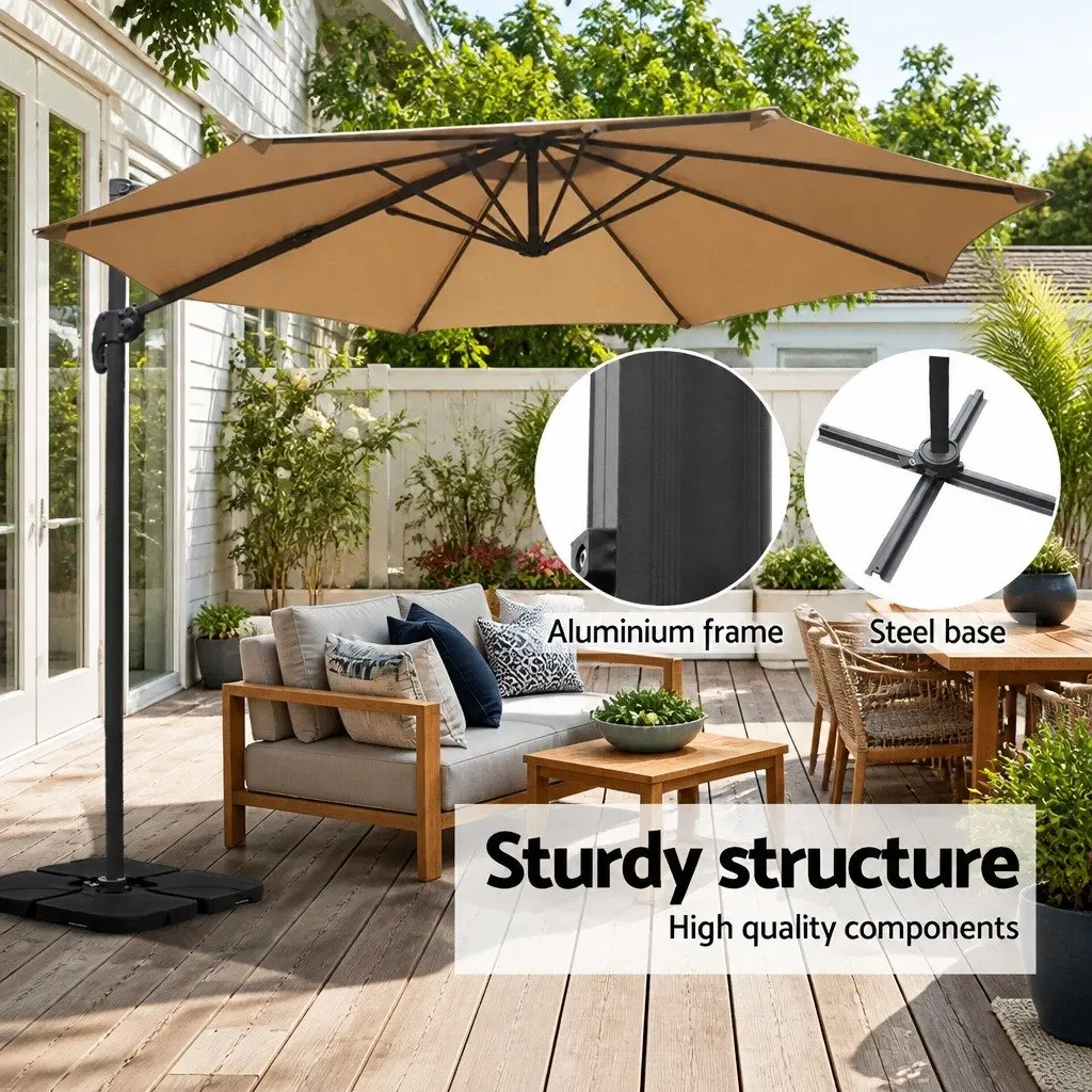 Outdoor Umbrella 3m Octagonal Side Post Beige Canopy with 360 Degree Rotation