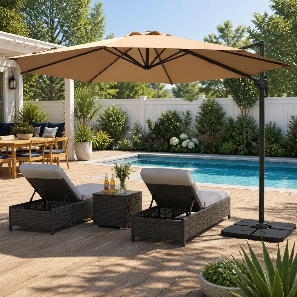 Outdoor Umbrella 3m Octagonal Side Post Beige Canopy with 360 Degree Rotation