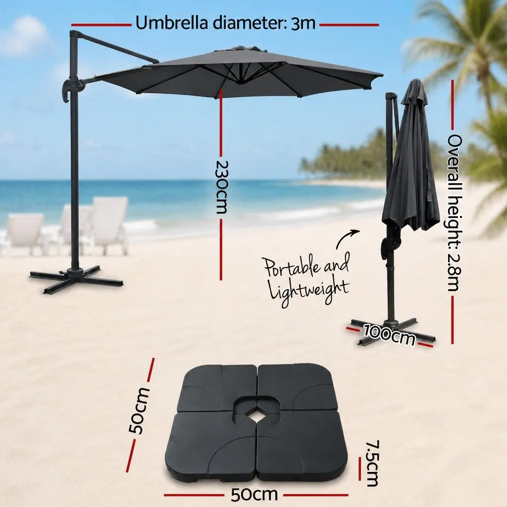 3m Outdoor Cantilever Umbrella UV50+ Protection Octagonal Canopy 360 Degree Rotation