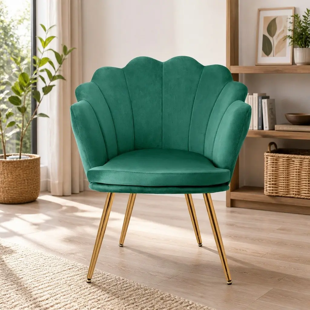 Green Velvet Armchair Shell Back Design Scallop Accent Chair Golden Legs Wood
