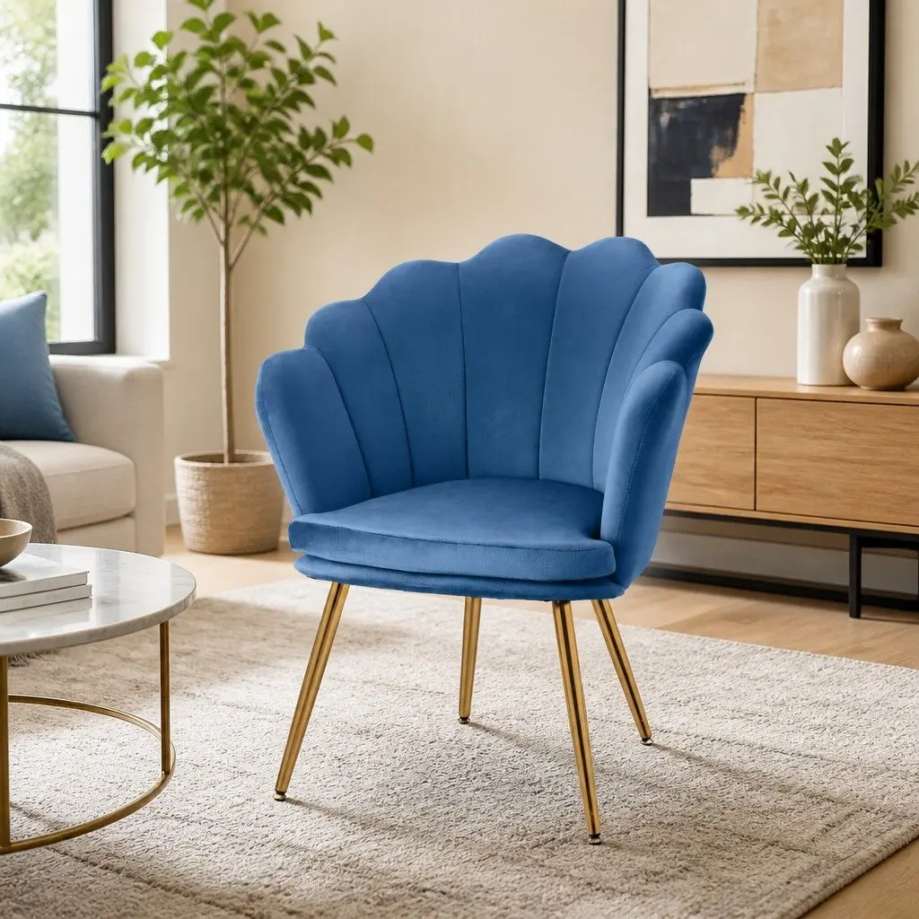 Navy Velvet Armchair Shell Back Design Golden Legs Accent Chair Reading Lounge