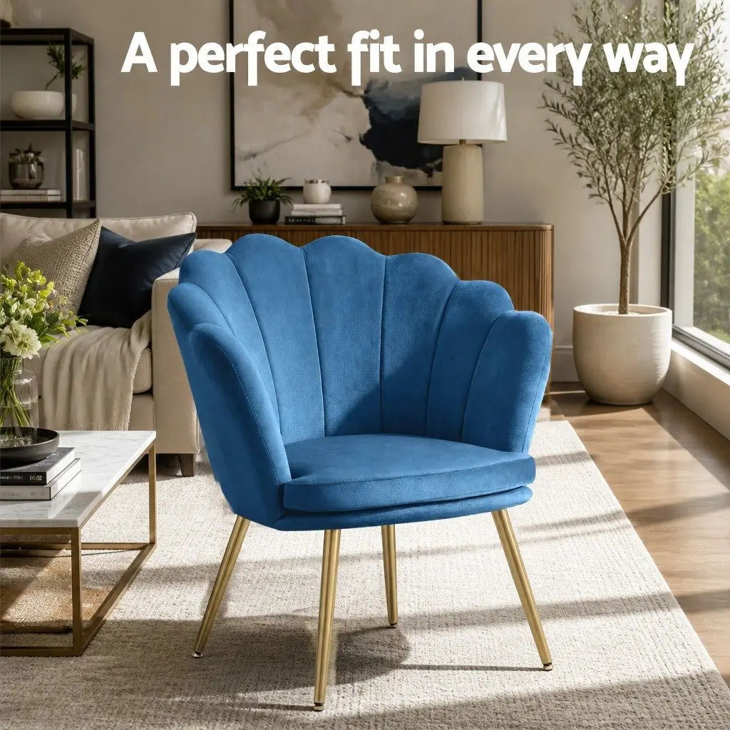 Navy Velvet Armchair Shell Back Design Golden Legs Accent Chair Reading Lounge