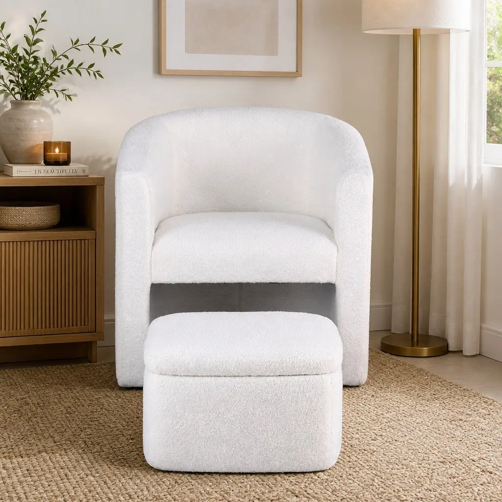 Armchair Accent Chair with Ottoman Storage Footrest Soft Upholstered White